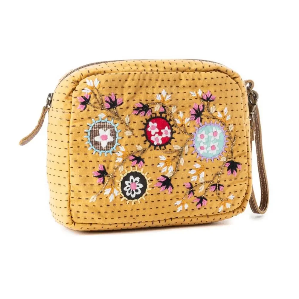 NWT Boutique Boho Daisy Pop Woven Embroidered Pouch in Marigold Yellow